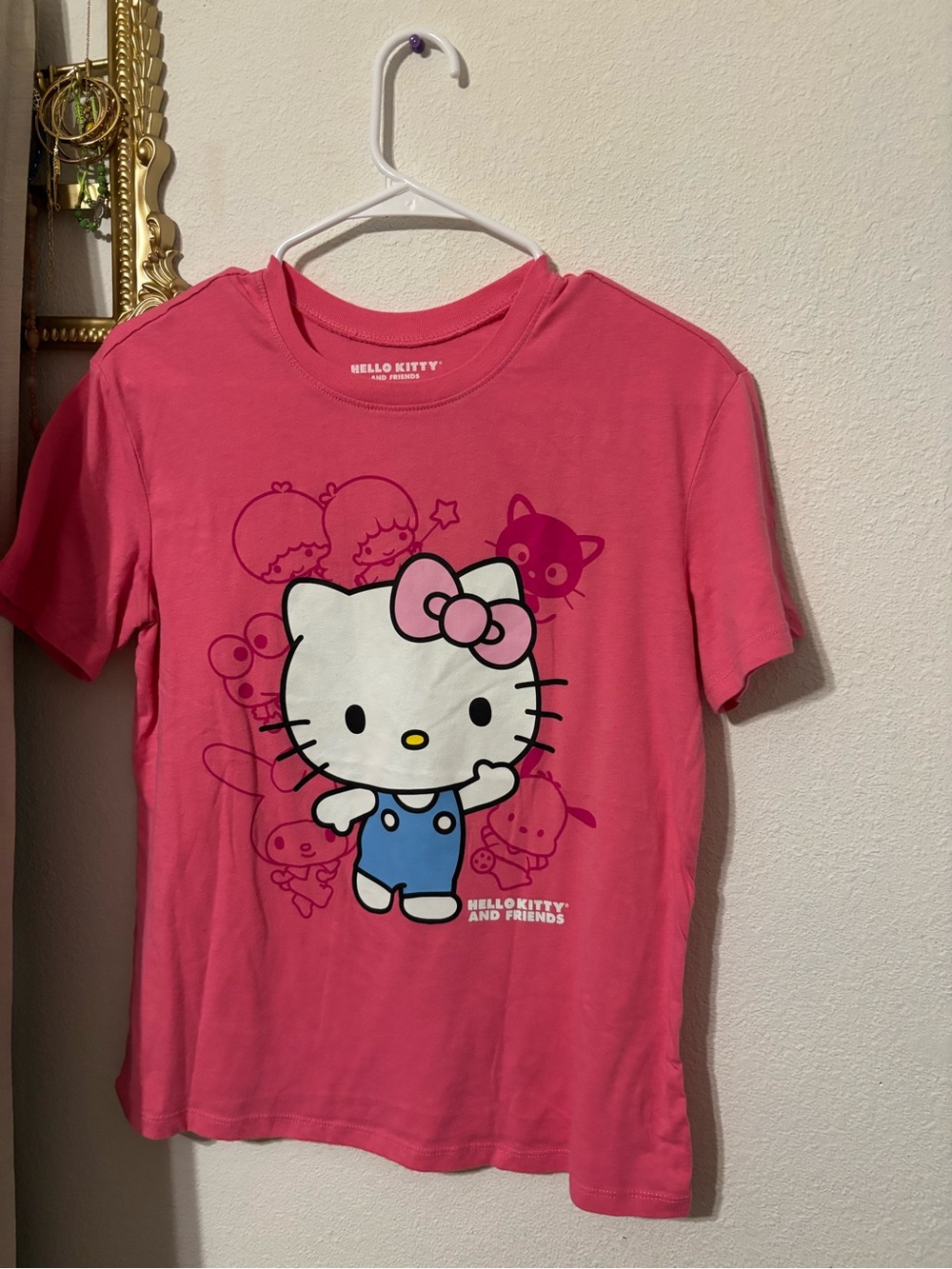 Hello Kitty Pink Graphic Tee with Blue Outfit Detail